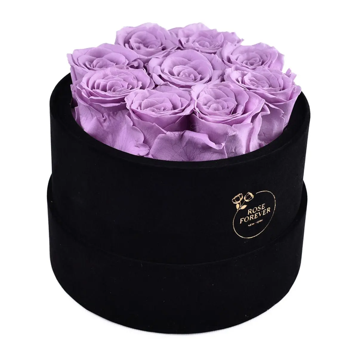9 Lilac Roses - Black Round Velvet Box