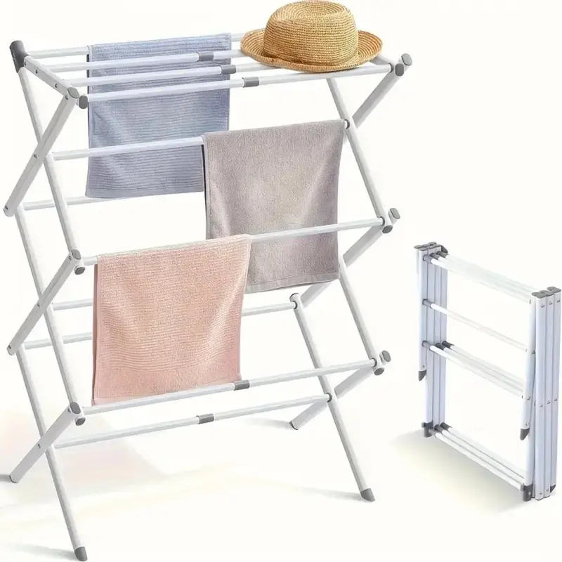 Metal Foldable Clothes Drying Rack - Compact and Convenient, Space-Saving Multifunctional Portable Laundry Dryer with Accessories, Indoor/Outdoor White Home Organizer for Quick Drying (Laundry Room to Porch Use)