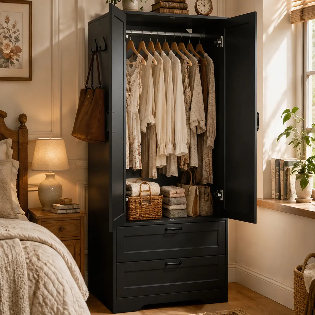 Modern Stand Alone Wardrobe Closet - 2-Door Adjustable Wooden Unit, 2-Drawer Storage, Built-in Hang Rods for Tops, Space-Saving Apartment Furniture for Tiny Rental Rooms, Assembly Required