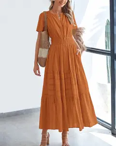 Women’s Summer 2026 Casual Maxi Dress – Lightweight Short Sleeve V Neck Boho Dress with Pockets, Elastic Waist, Tiered Ruffle, Flowy & Comfortable for Beach, Vacation, Graduation & Casual Wear