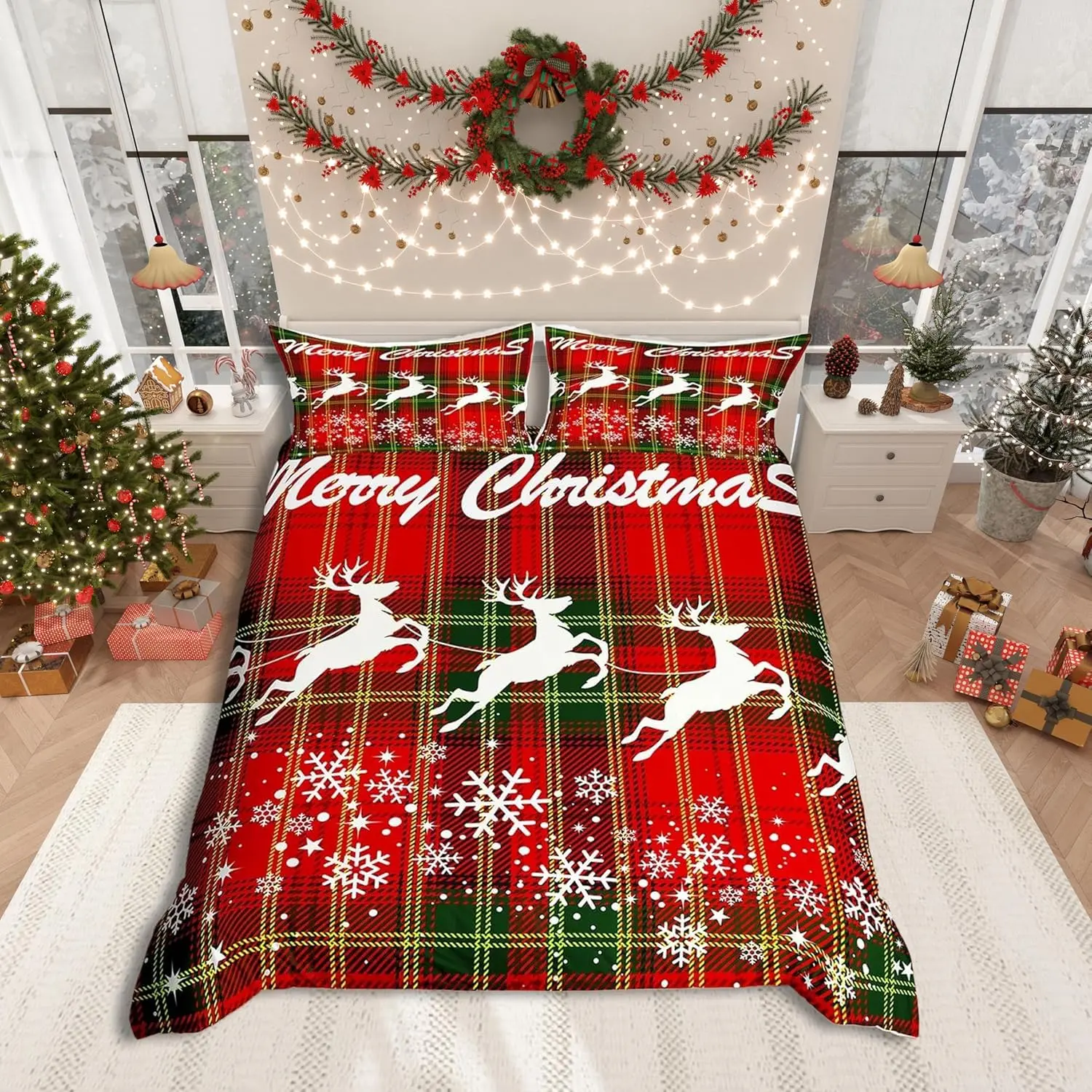 Christmas Duvet Cover Set White Deer and Snowflake Print Comforter Cover Red Plaid Print Bedding Set for Kids Boys Girls Bedroom Decor,No Comforter