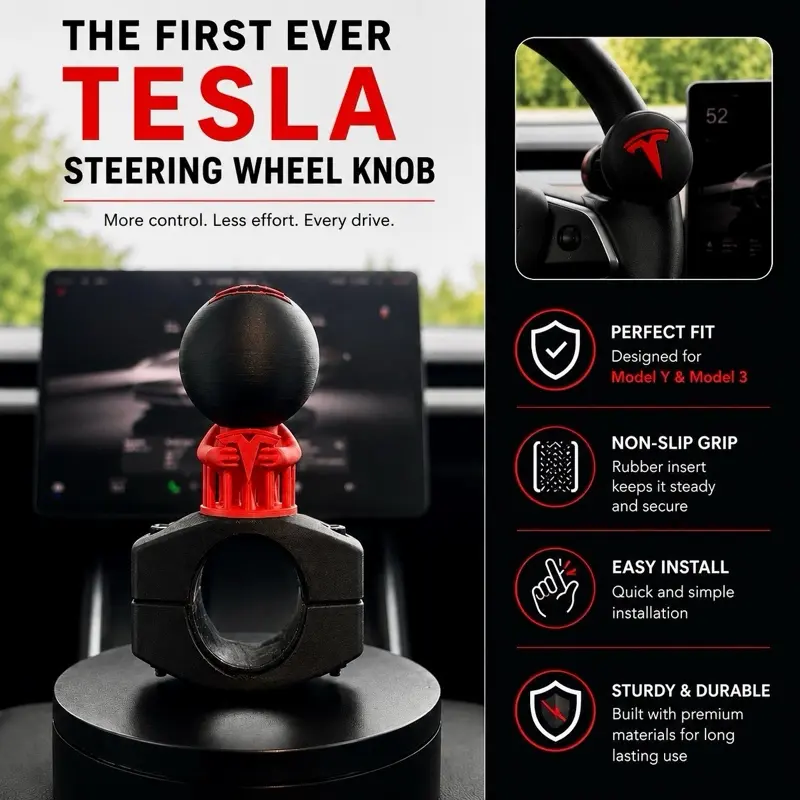 Tesla Steering Wheel Knob Accessory- Sporty Design- Secure 2-Piece Clamp, Ergonomic Ball Grip for Model 3 and Model Y