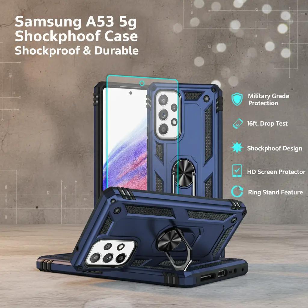 for Samsung A53 5G Case, Galaxy A53 5G Case with HD Screen Protector, [Military Grade 16ft. Drop Tested] Ring Shockproof Protective Phone Case for Samsung Galaxy A53 5G,Blue