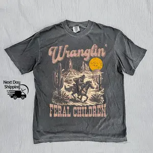 Wranglin’ Feral Children Tee – Vintage Raccoon Western Desert Shirt, Funny 90s Graphic