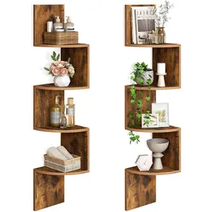 Corner Shelf Wall-Mounted, Set of 2 Floating Corner Shelves for Wall, 4-Tier Corner Bookshelves for Living Room, Bedroom, Bathroom, Home Office, Rustic Brown BF25BJP201