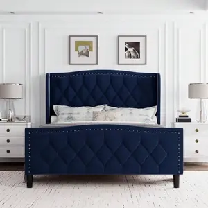 Bed Frame Velvet Upholstered Platform Bed With Wing Side Headboard, Wooden Slat Support, No Box Spring Needed, Easy Assembly, Navy Blue Brown Stripe Luxury Recliner Sofa Set