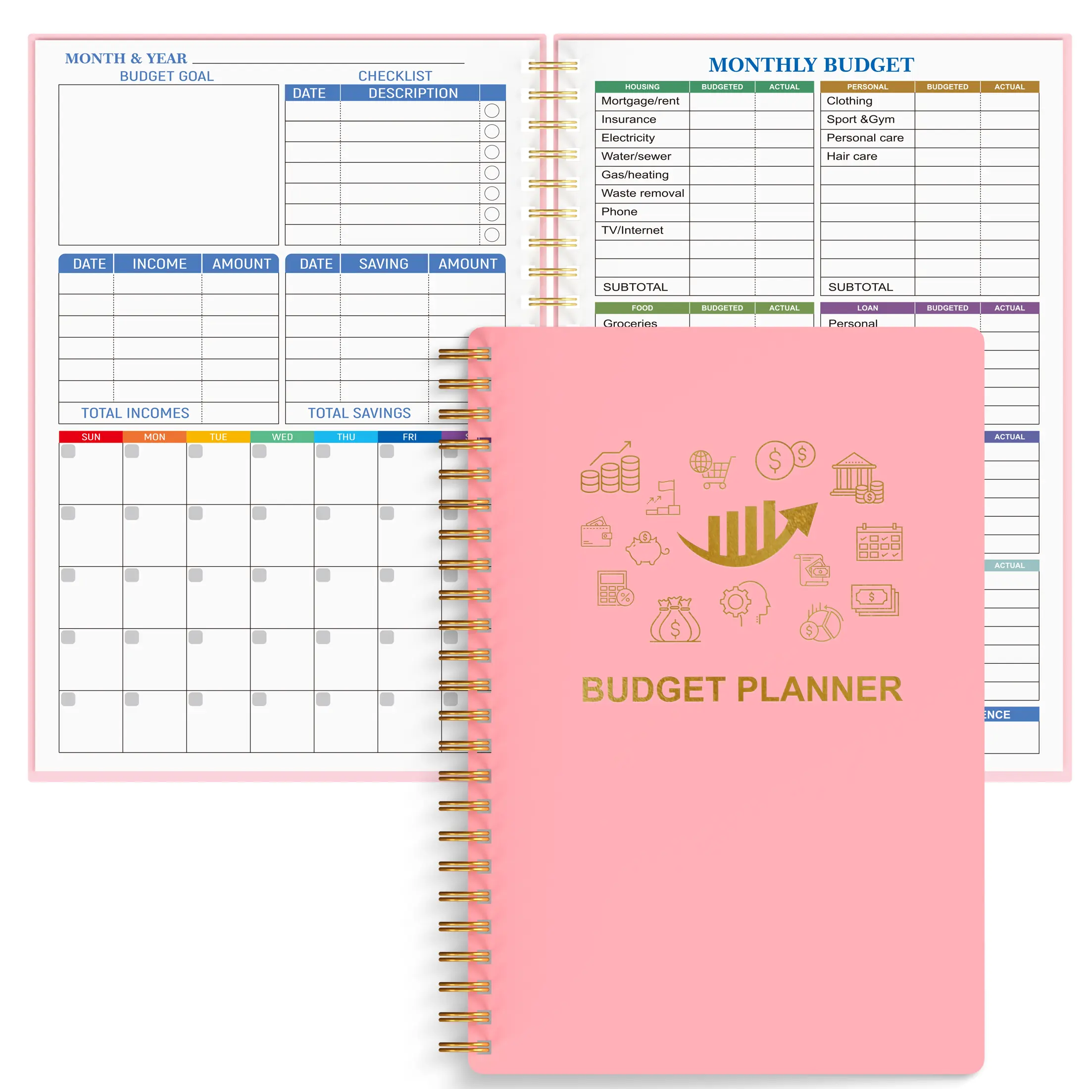 A5 Budget Planner Notebook - Spiral Bound Planner, Office Organizer, Finance Checklist Organizer for Adults, 100gsm Paper, Sturdy Cover, Twin-Wire Binding, Monthly Goals Tracker, Expense Tracker, Savings & Debt Management Tools