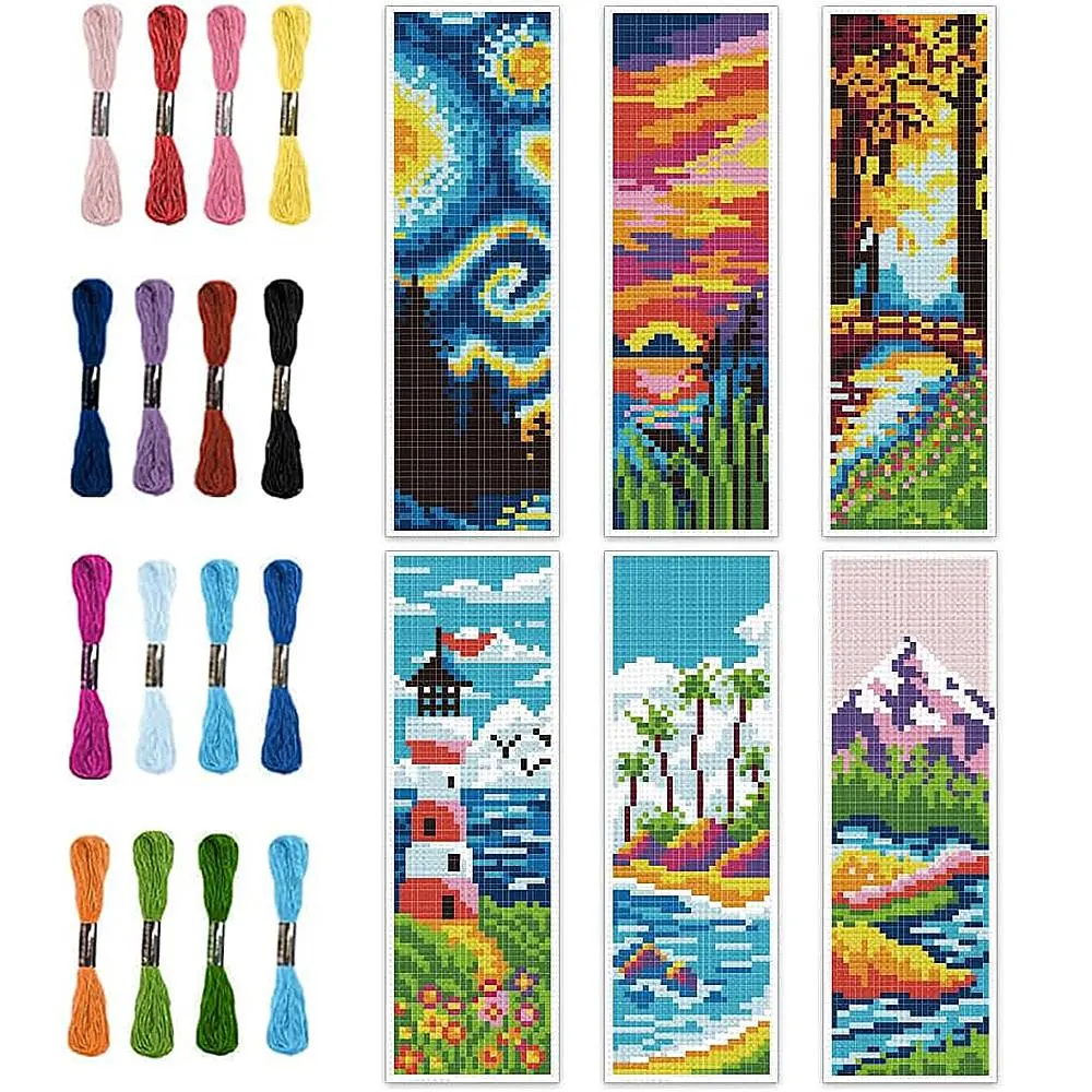 Landscape Theme Cross Stitch Bookmark, 1 Set DIY Art Set Including 6 Counts Printed Cross Stitch Cloth & Thread & Tools & Instructions, Suitable for Sewing Beginners