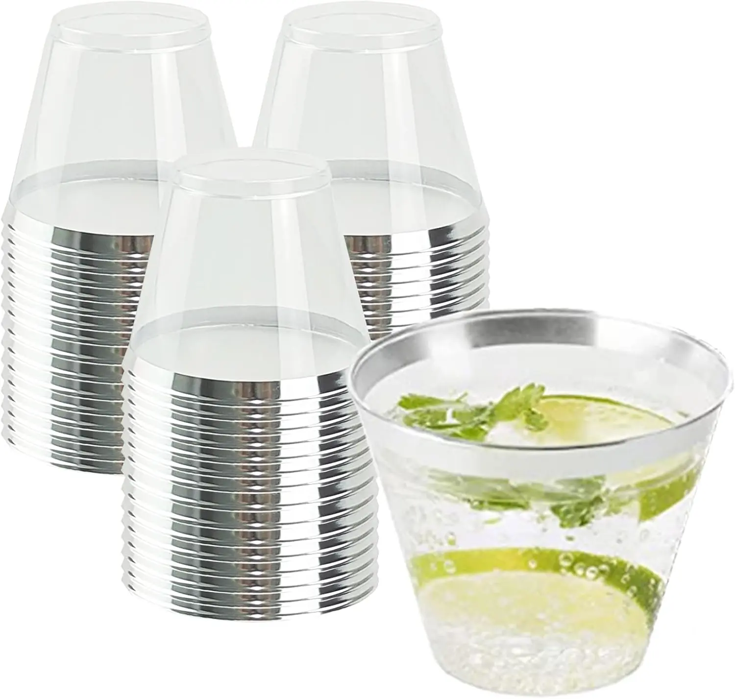 50 Pack  Rimmed Plastic Cups,9 Oz   Disposable Party Cups Clear Hard Plastic  Glasses for Holiday Gathering,Wedding,Thanksgiving,Christmas Elegant Disposable Party Cups