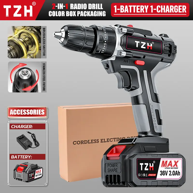 TZH Cordless Drill Tool Set 36V Electric Power Drill with 2.0Ah Lithium-ion Battery Charger USB Type-C Rechargeable Portable All-in-One DIY Home Toolbox Kit TZH Cordless Drill Tool Set 36V Electric Power Drill with 2.0Ah Lithium-ion Battery Charger USB Type-C Rechargeable Portable All-in-One DIY Home Toolbox Kit
