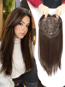 Limited Edition 20 Inch Clip in Bangs Topper 3D 360° Cover Hair Toppers For Women With Thinning Hair Black Color Wispy Bangs Topper With 6.5"×6.5" Large Base Long Straight Layered Premium Synthetic Hair Pieces Ombre Blonde With Dark Root Add Volume Synthe