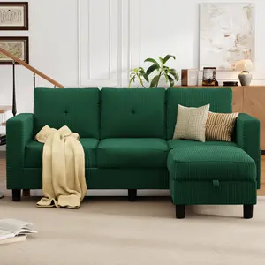 Modern L-Shaped Sectional Sofa, Green Linen Fabric Couch with Storage Ottoman & Reversible Chaise for Living Room