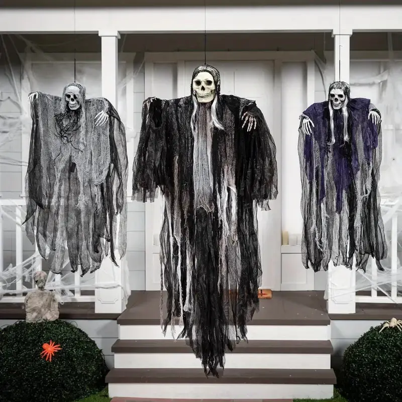 Target Halloween Decor - Ghostly Hanging Decorations for Halloween Celebrations with Spooky Skeleton Heads and Draping Fabric
