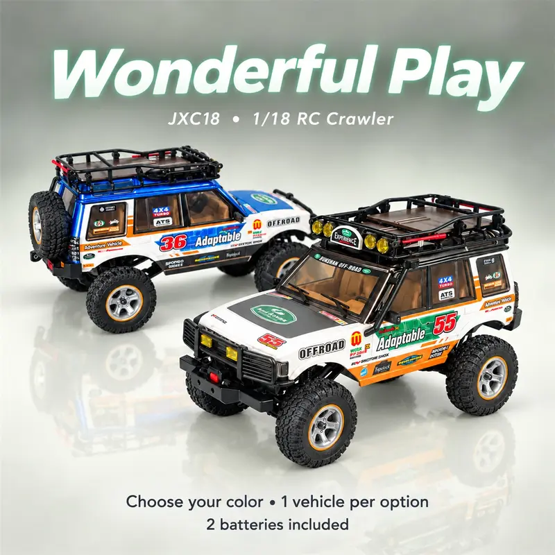 JXC18 1:18 Scale RC Crawler - 2.4GHz High-Torque 4WD Drive System, Dual-Speed Transmission, Suspension, LED Hazard Lights, All-Terrain Tires, Detailed Crawler-Style Body, Stable Handling, Batteries Built-In Cells, Rechargeable Off-Road Toy Car, Great Gift