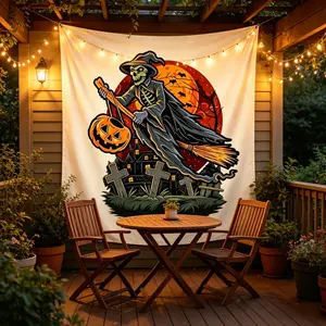 Scary Halloween Themed Tapestry, Creepy Skeleton Pumpkin Ghost Wall Hanging, Home Indoor Party Background Decor