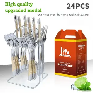 High quality Stainless Steel 24-Piece Set Nordic Marble Pattern Western Cutlery Steak Knife Fork Spoon Storage Rack Gift Box Container Tableware dinner party