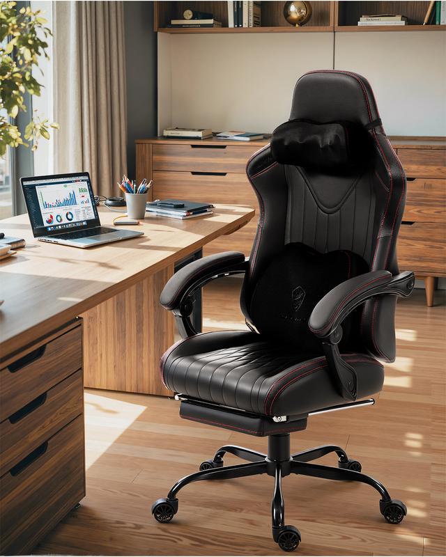 Dowinx Big and Tall Video Gaming Chair with Shiatsu Neck Massage and Lumbar Support for Home Office High Back Recliner Height Adjustable Ergonomic Comfy Leather Computer Desk Chair (Black)