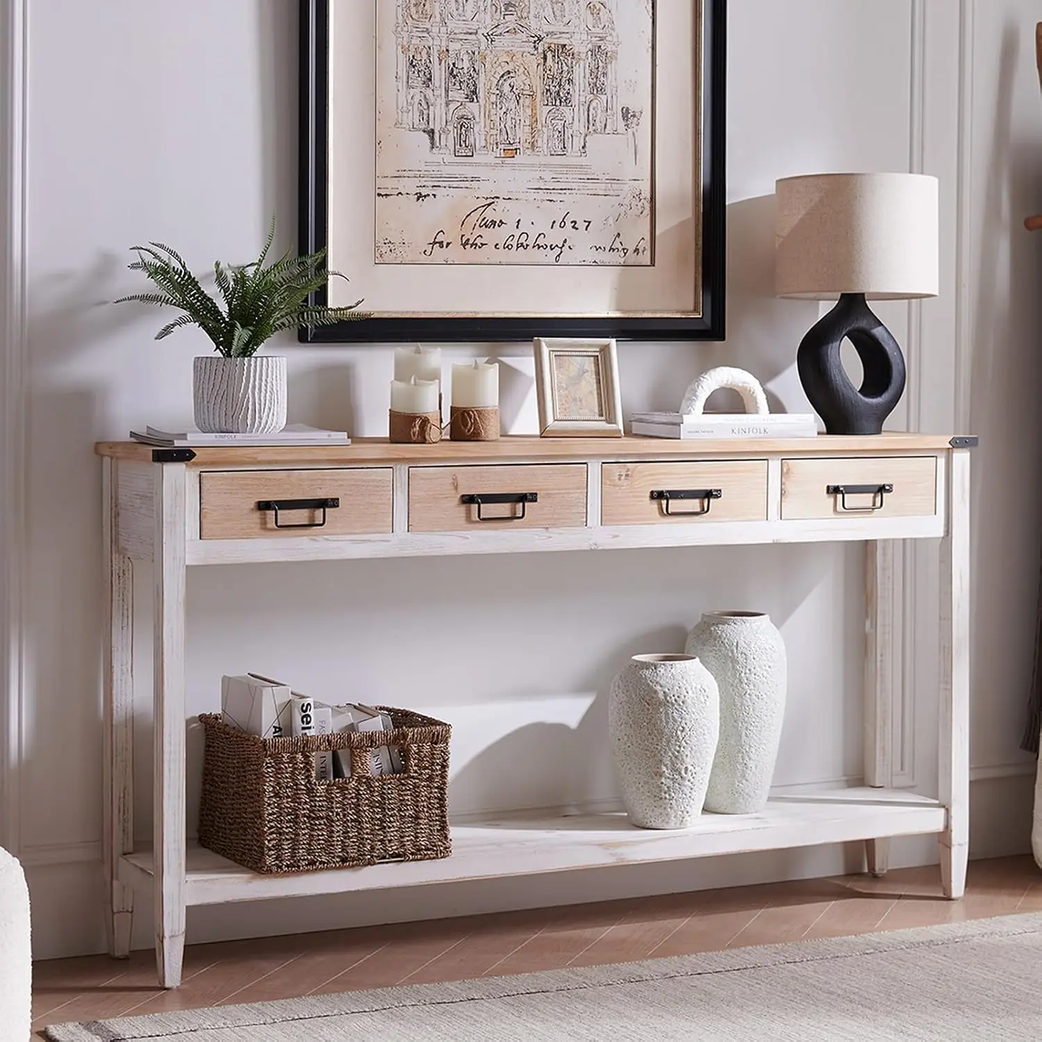 Farmhouse Console Table with 4 Drawers, 60" Long Entryway Table | Handmade Metal Handle, Open Storage Shelves, Narrow Antique Foyer Sofa Table for Living Room, Entryway, Hallway, Behind Couch