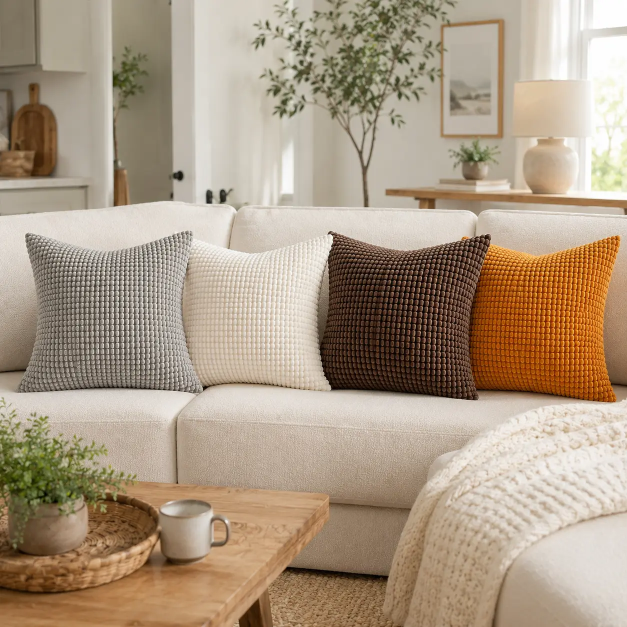 Soft Thick Corn Kernel Corduroy Throw Pillow Covers 2Pcs 18in Square, Washable Removable Cushion Covers with Hidden Zipper for Couch & Bed Decor