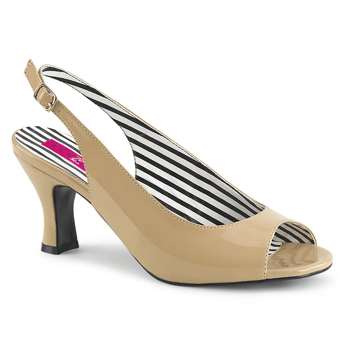Women's Jenna-02 Cream Patent Peep-Toe Slingback Heeled Sandals - Plus Size Formal Footwear with 3 in Strap Heels, Ankle Strap, Formal Wear, Patent Leather, Pump, Statement Shoes, Mid-Heeled, Open Toe, Easy To Pair, Wearable Lift, Mid-Height