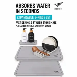 ZIURV Diatomite Stone Dish Drying Set - 2 Large Gray Mats with Stainless Steel Legs + Tray & Soap Dispensers - Expandable Modular Design, Fast Drying, Non-Slip, Space-Saving Kitchen Organization for Small Modern Kitchens