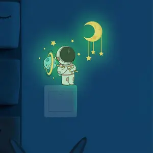 Luminous Sticker, Glow in The Dark Astronaut Switch Sticker, 1 Count Cartoon Moon Star Space Theme Design Self Adhesive Wall Sticker, Decorative Wall Decal, Room Decor, Home Decor