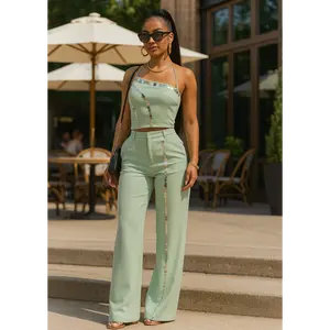 Christine Pants Set- STRAIGHT LEG PANTS SET WITH SILVER DETAILS AND POCKETS . STRAP TOP  & PANTS WITH ROUND MIRROR DETAIL