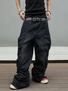 Men's Y2K Loose Fit Denim Jeans, Street Style Washed Jeans with Pockets, Perfect for Music Festivals & Casual, Denim Streetwear