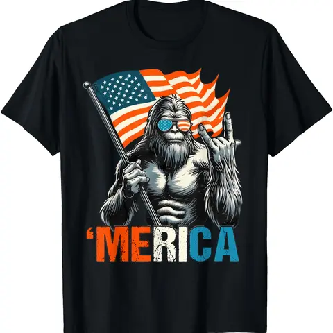 [100% Cotton]Bigfoot Merica Rock American Flag Patriotic 4th Of July T-Shirt Graphic Tees
