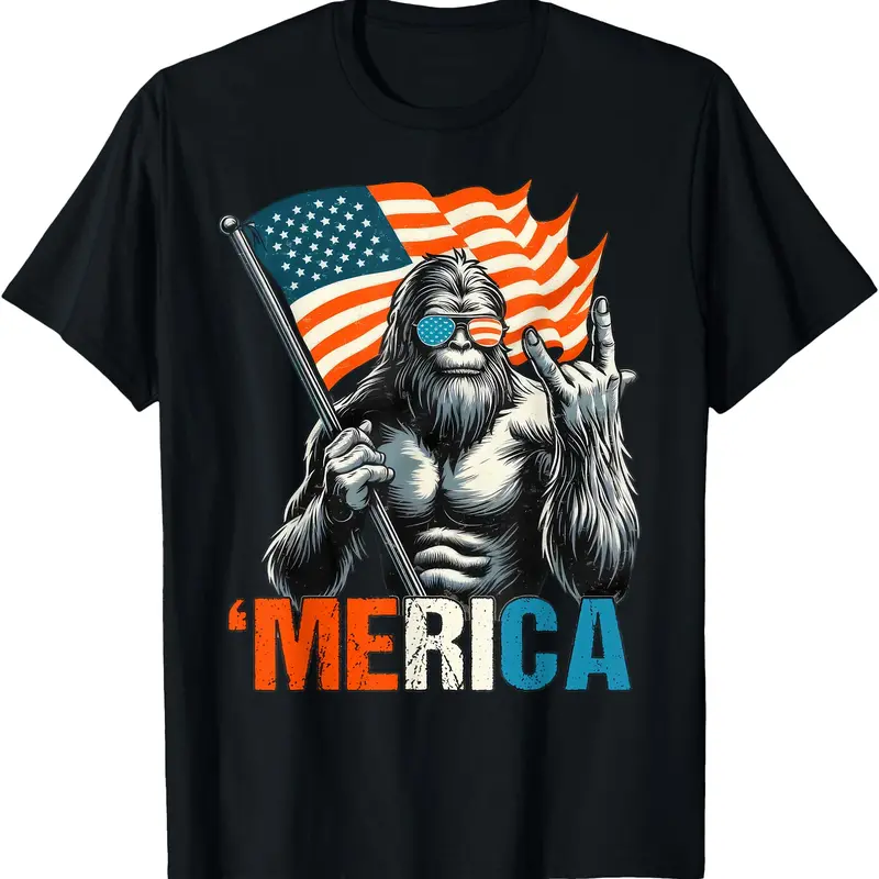 [100% Cotton]Bigfoot Merica Rock American Flag Patriotic 4th Of July T-Shirt Graphic Tees
