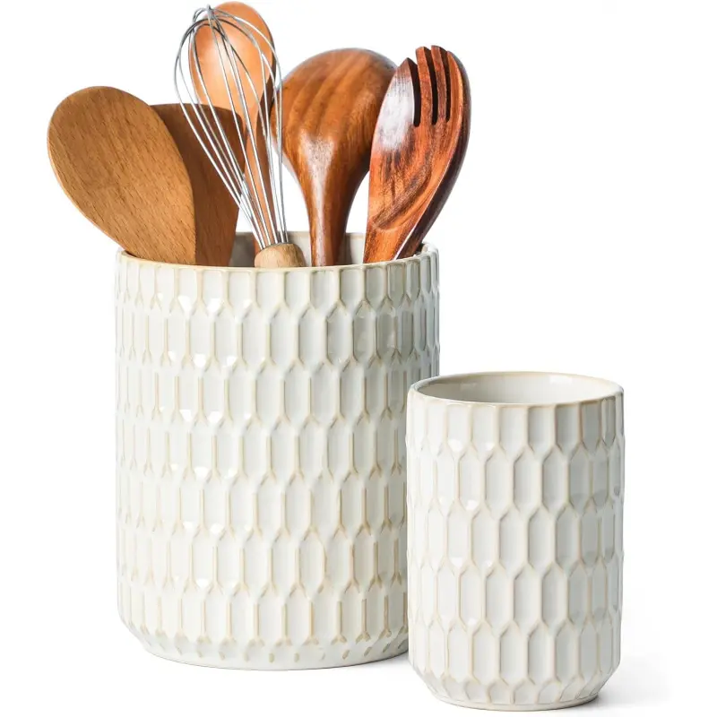 Utensil Holder, 7.5"+5.3" Ceramic Kitchen Utensil Holder for Countertop, Large Cooking Utensil Crock for Kitchen Counter, Set of 2, Beige-L