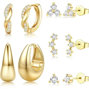 MILACOLATO 5 Pairs 14K Plated Gold Hoop Earrings Sterling Silver Post Cubic Zirconia Studs Earrings for Women Cartilage Earrings Huggie Hoop Earrings Set for Multiple Piercings