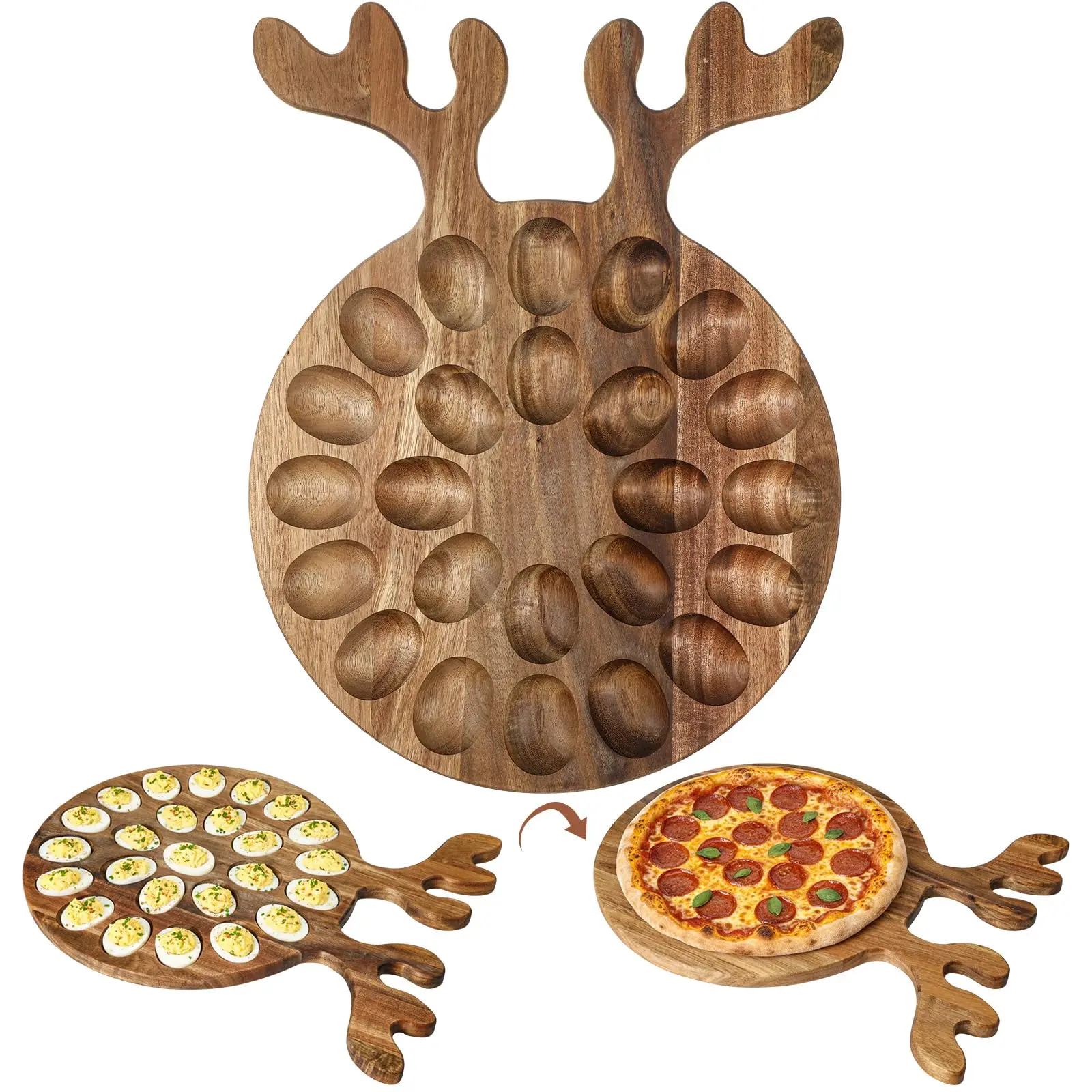 Christmas Deviled Egg Tray Acacia Charcuterie Board with Handle Xmas Kitchen Gifts for Mom Wooden Serving Platter Reversible Holes Rectangle Square Egg Tray Deviled Egg Holder Cutting Board Cheese Serving Tray for Home Kichen Kitchen Essential