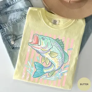 Comfort Colors Retro Bass Fish Shirt, Pastel Fishing Graphic Tee, Preppy Coastal Lake Aesthetic T-Shirt, Summer Fishing Outfit, Large Mouth Bass Angler Gift Gift For Her, Cotton Fabric - TrendWear USA