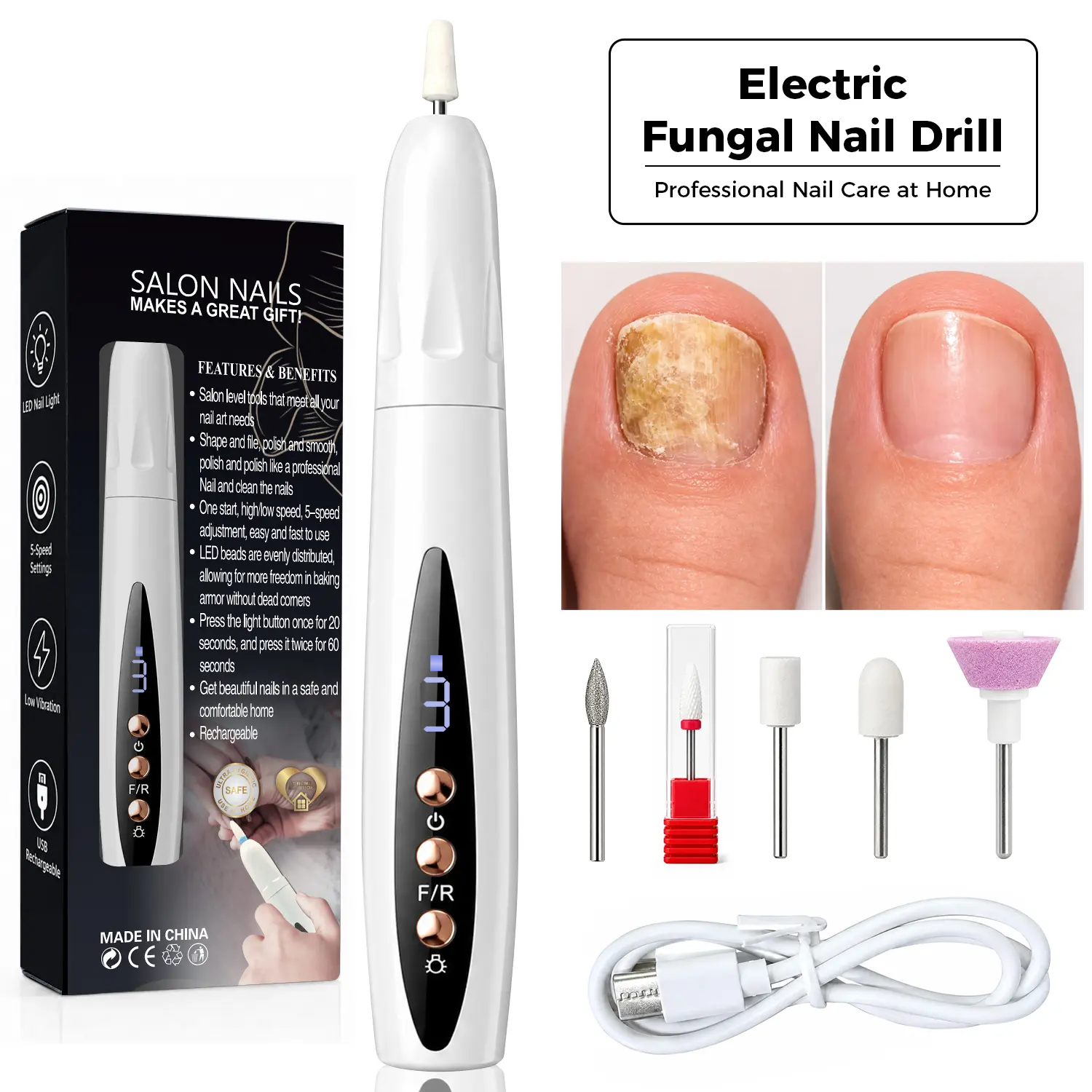 3-in-1 Electric Nail Drill for Thick & Fungal Nail Care, 5-Speed Rechargeable Cordless Nail File with 6 Bits, Remove Gel Nails, Built-in Nail Lamp & Digital Display, Ergonomic Manicure Pedicure Tool for At-Home Nail Care, Beginner Friendly