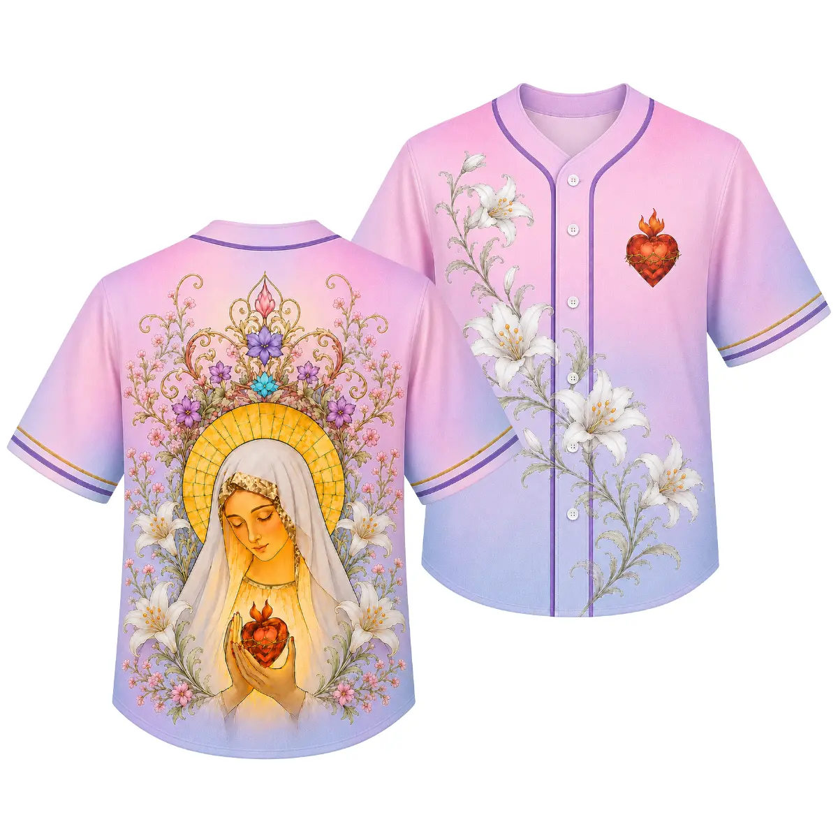 Women’s Virgin Mary Baseball Jersey - Streetwear Sporty Chic Regular Fit Breathable Full Print Button-Up Shirt with Sacred Heart, White Lily Floral Graphics