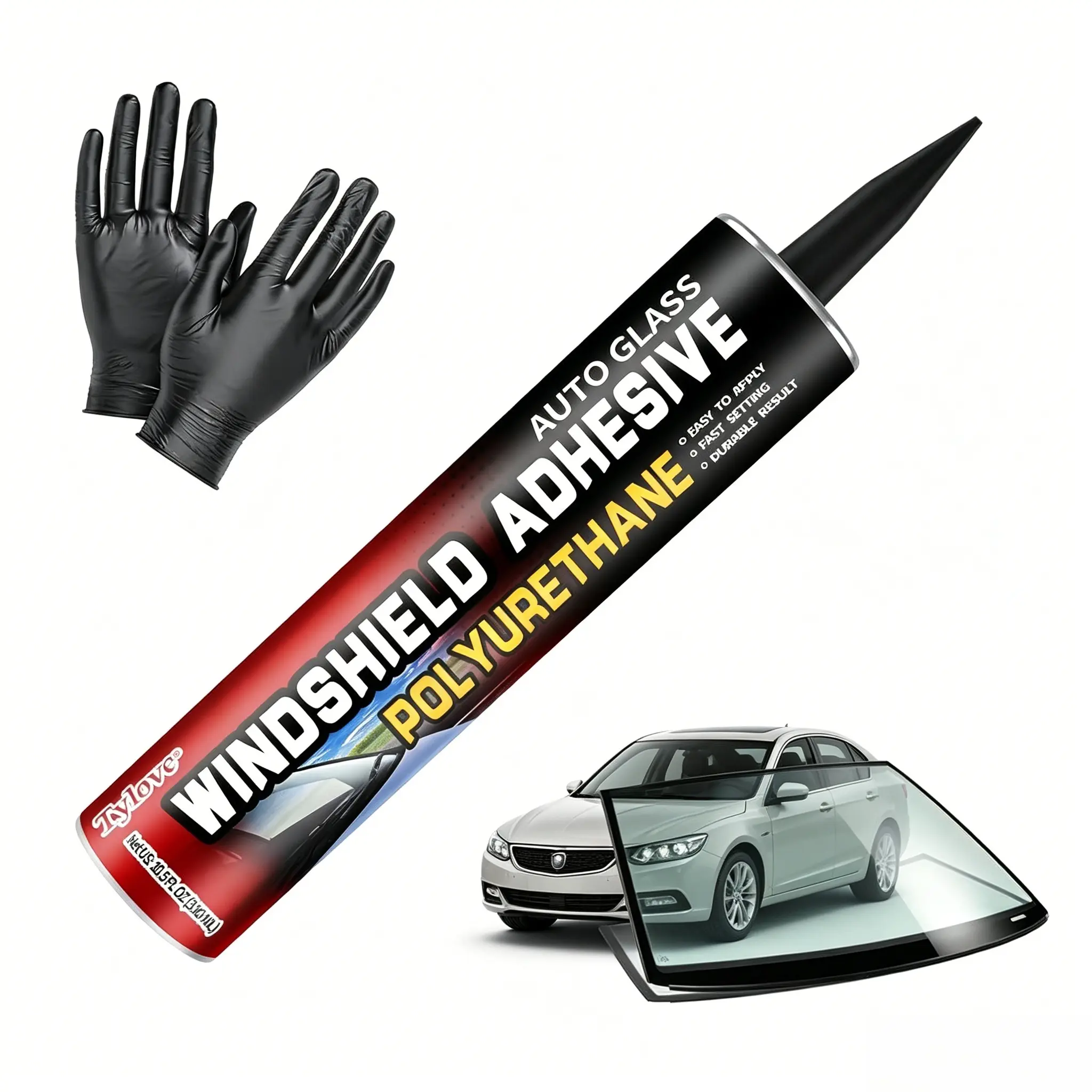 Windshield Adhesive Sealant – Fast Curing, Superior Weather Resistance, Professional-Grade Automotive Glass Adhesive. Suitable for Vertical and Overhead Application. Windshield Repair Kit (Gloves Included), 10.5 oz, Black