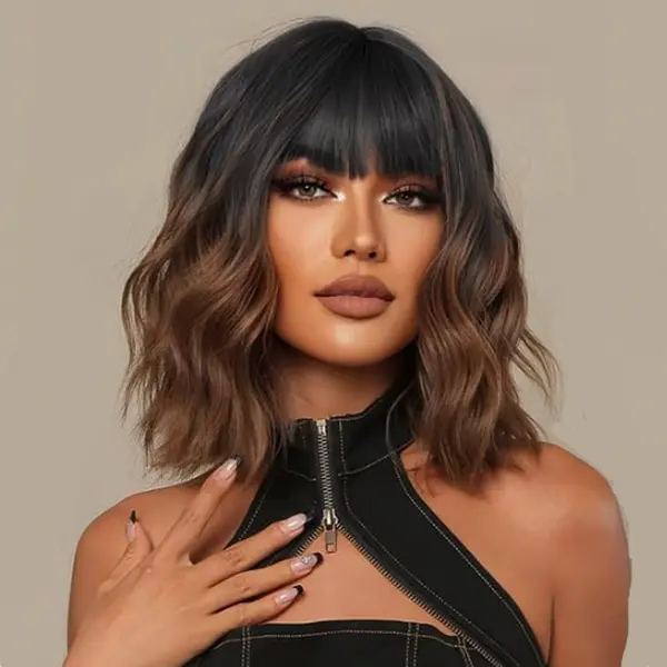 Wavy Wig with Bangs Short Bob Wig for Women Curly Shoulder Length Synthetic Wig for Girl Ombre Black to Brown Wig(14inch)