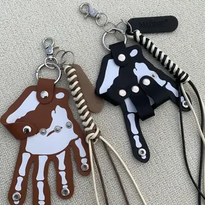 Vintage Skeleton Hand Keychain with Braided Rope - Gothic Punk Trendy Couple Bag Charm Edgy Waist Hanging Accessory for Streetwear