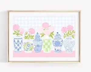 Pink Peonies & Chinoiserie Jars Print, Floral Ginger Jar Wall Art, LoveShackFancy Wall Art, Pastel Gingham Floral Vase Print, Preppy Dorm