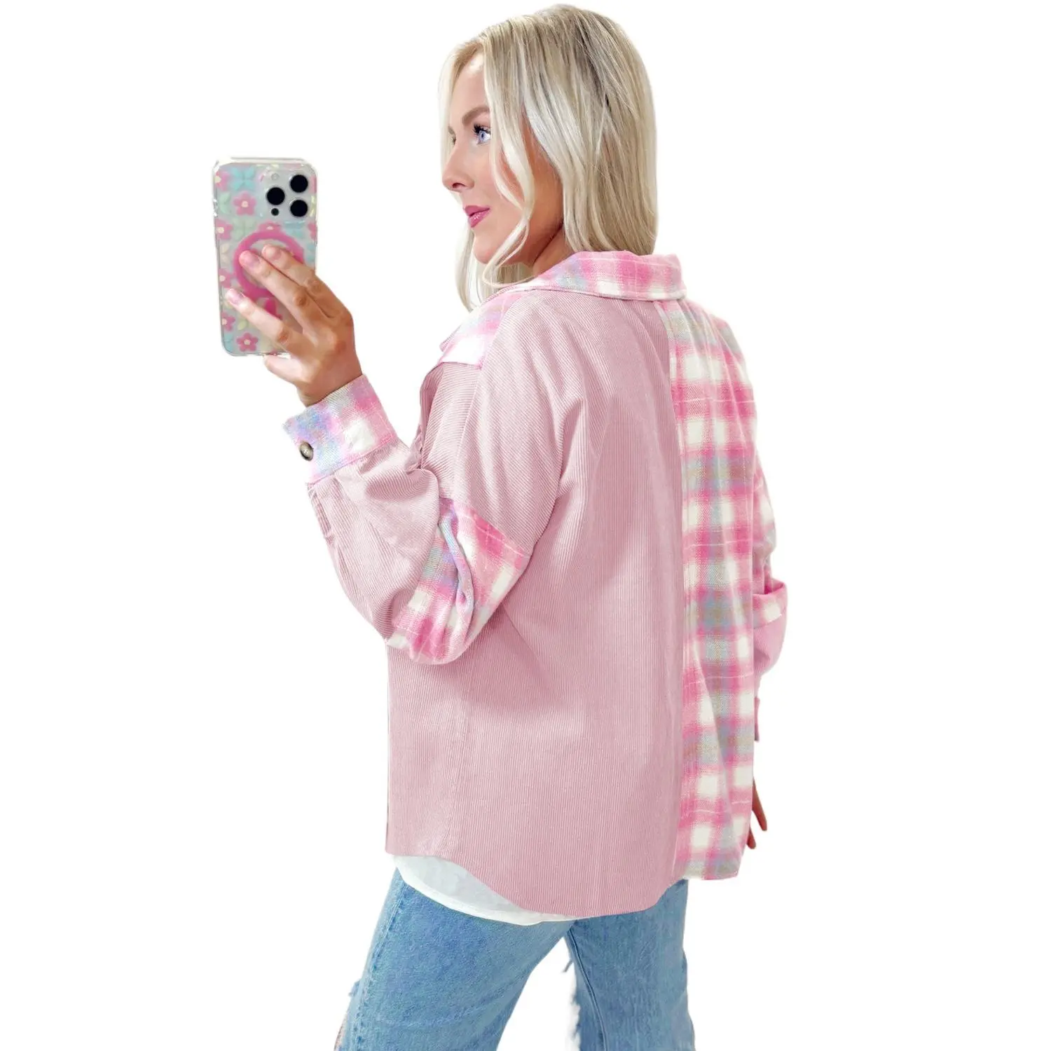 Women's Pink Brushed Plaid Corduroy Shacket with Flap Pockets