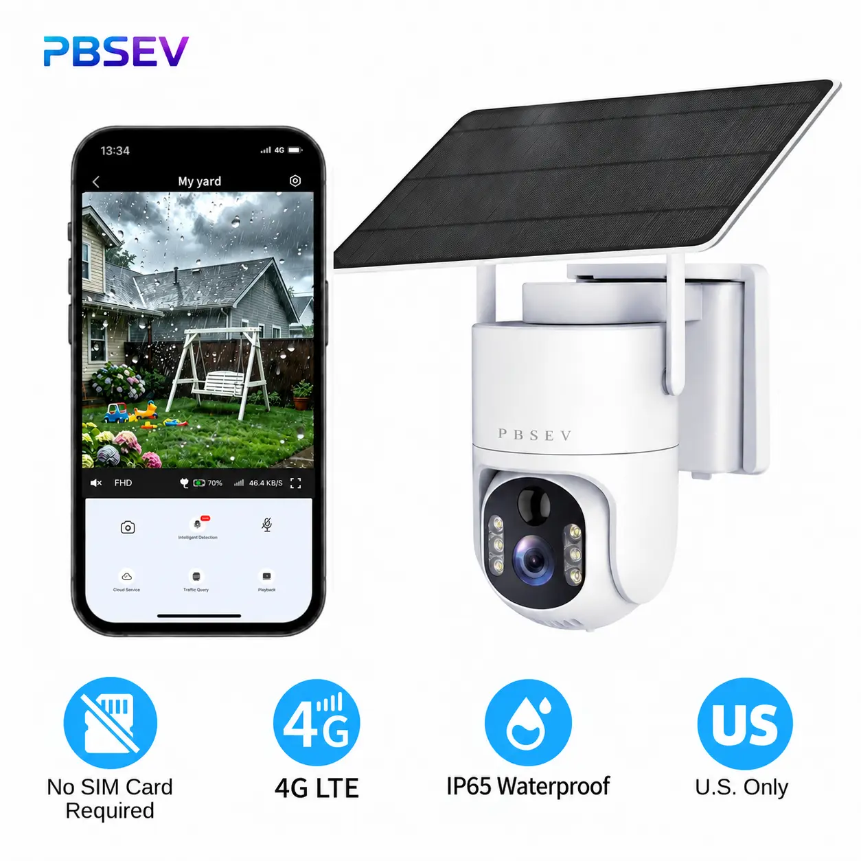 PBSEV 4G 3MP Solar Outdoor Security Camera - Built-in Non-removable SIM, No WiFi Required, Low Power Wireless PTZ, 355° Pan Tilt, Color & IR Night Vision, AI Detection (Human/Package/Fire, Optional Subscription), 2-Way Audio, IP65 Weatherproof (US Only)