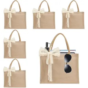 6pcs Burlap Tote Bag with Handles, Waterproof Reusable Summer Bags with Ribbon Large Jute Tote 15.35 * 6 * 12 Inch for Women Bridesmaid Gift Beach Pool Shopping Wedding Travel DIY