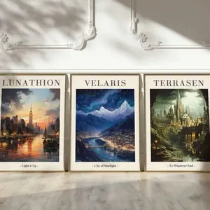 3 Piece Magic Castle City Building Blue Starry Sky Landscape Canvas Art, Magical Bedroom Dorm Apartment Wall Decor, Fall Room Decoration Unframed Hanging Paintings