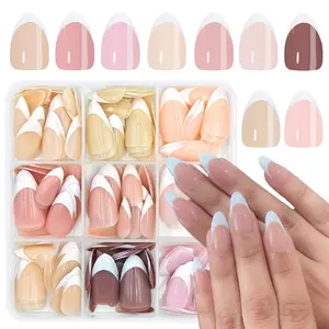 216Pcs French Tip Press On Nails Short Almond Fake Nails Full Cover Reusable White French False Nail Tips Kit, Nature Artificial Acrylic Nails Glossy Glue on Nail Press ons for Women Decoration Glossy False Nails for Women, Removable False Nails
