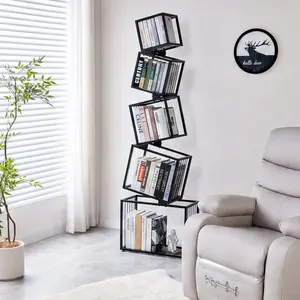 5-Tier Metal Geometric Bookshelf - Modern Narrow Floor Bookcase, Space-Saving Home Office Furniture Organizer for Living Room, Bedroom, 66.9in Tall Black Iron Open Shelf with Anti-Tip Kit, Iron/MDF Material
