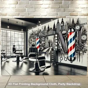 2D Flat, 2D Flat Printing Backdrop Banner 1pc, Barbershop Interior Urban Inspired Background Cloth, Vibrant Wall Hanging for Living Room, Bedroom, Office, or Party Decor, Party Backdrop
