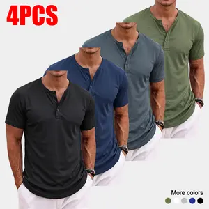 4-Pack Men’s Short Sleeve Henley Shirts – Button Front, Curved Hem, Slim Fit Casual Basic T-Shirt