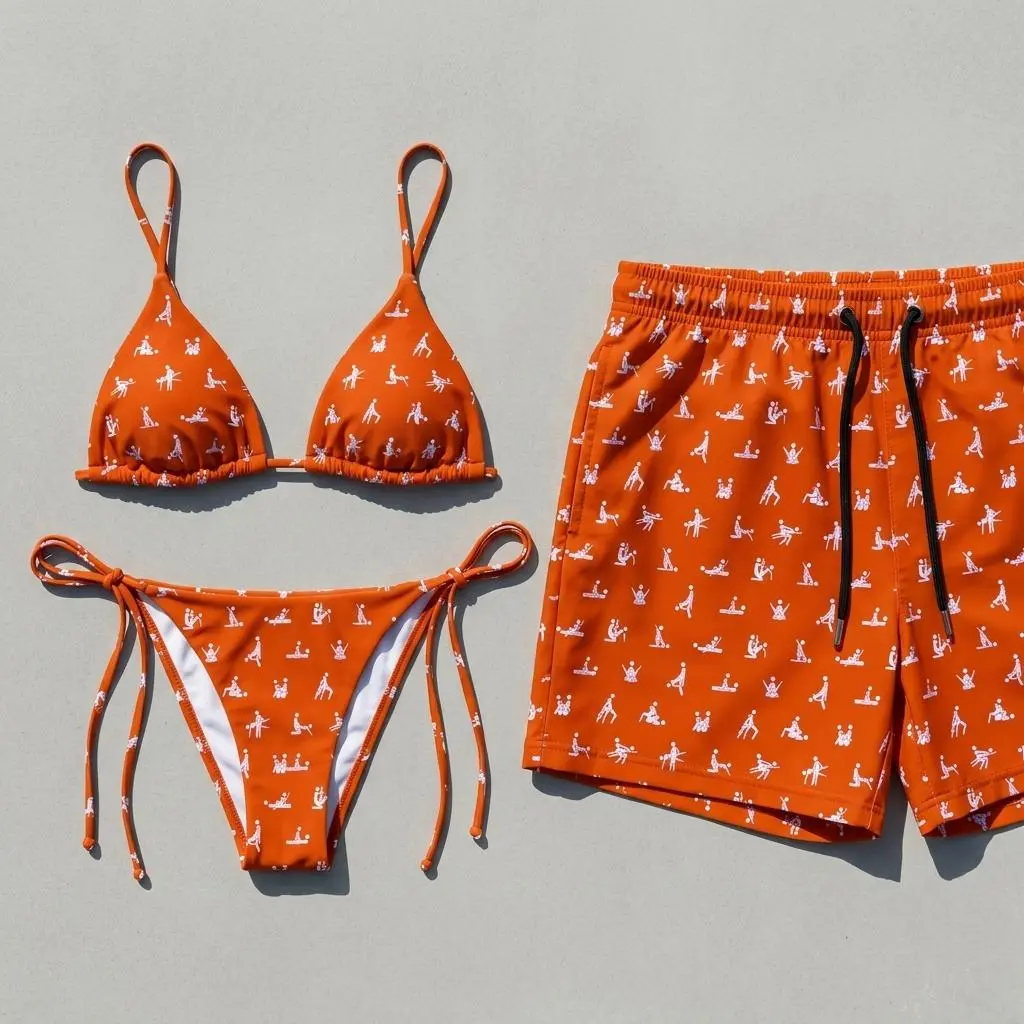 Y2K His and Hers Beach Outfit Women String Bikini and Men Swim Trunks Vacation Swimsuit Summer Pool Party Honeymoon Outfits Burnt Orange Printed