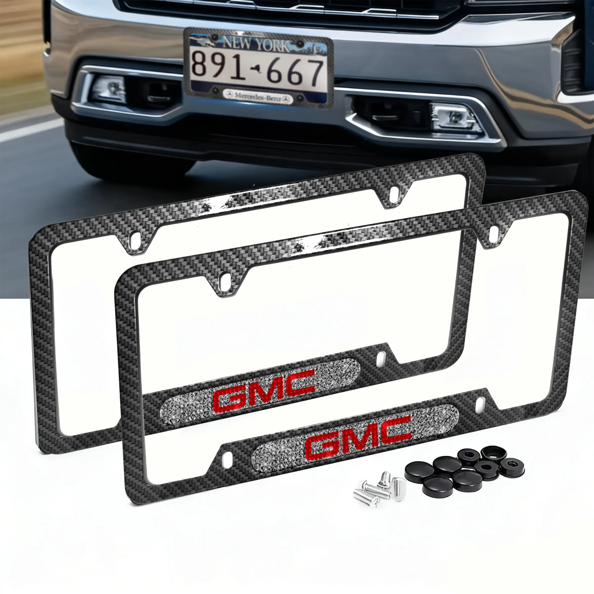 GMC Automotive Vehicle Replacement Removable Plate Holder - Carbon Fiber Texture Metal Accessory, Sparkling Car Logo Unisex Auto Body Component